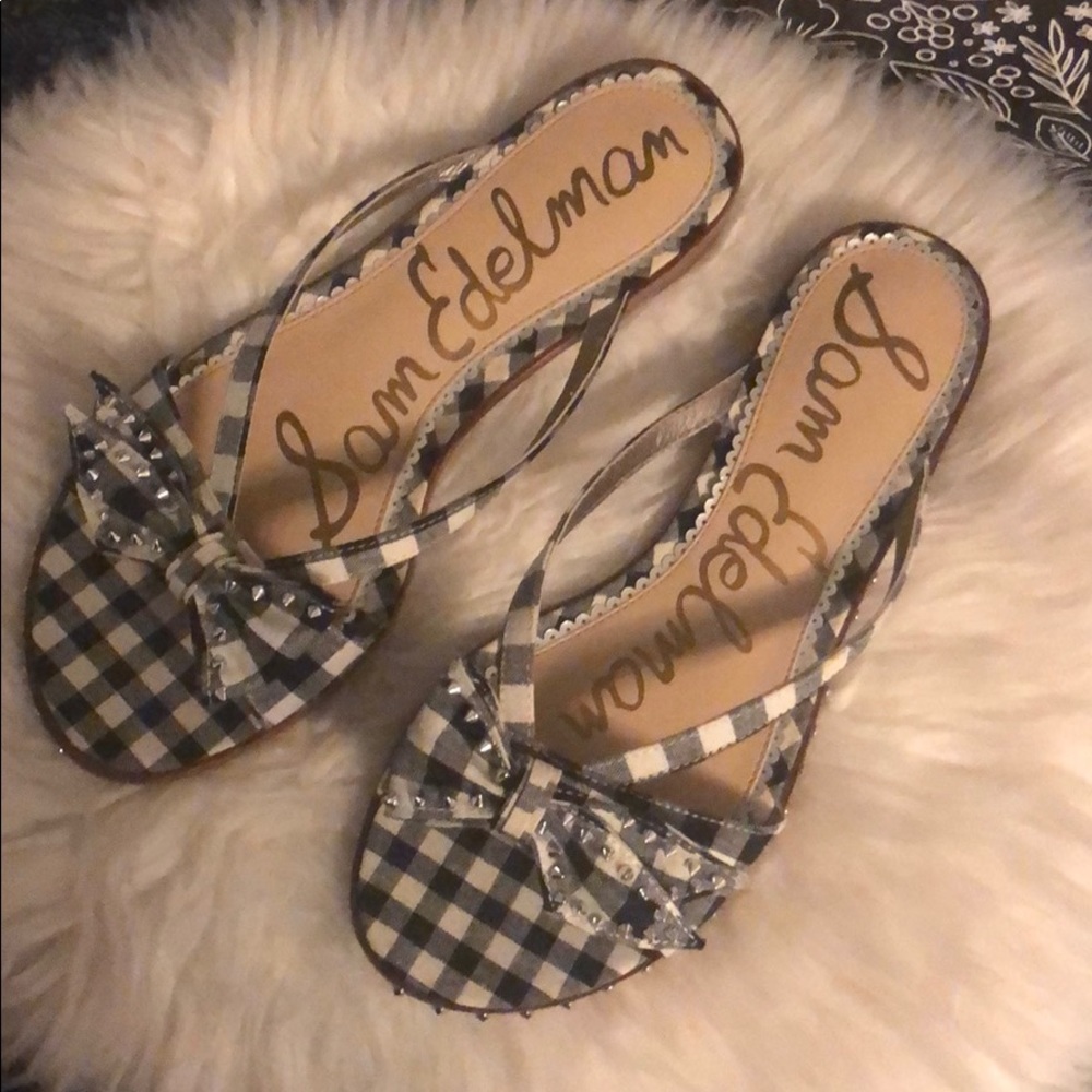 Bow-embellished Gingham Woven Sandals